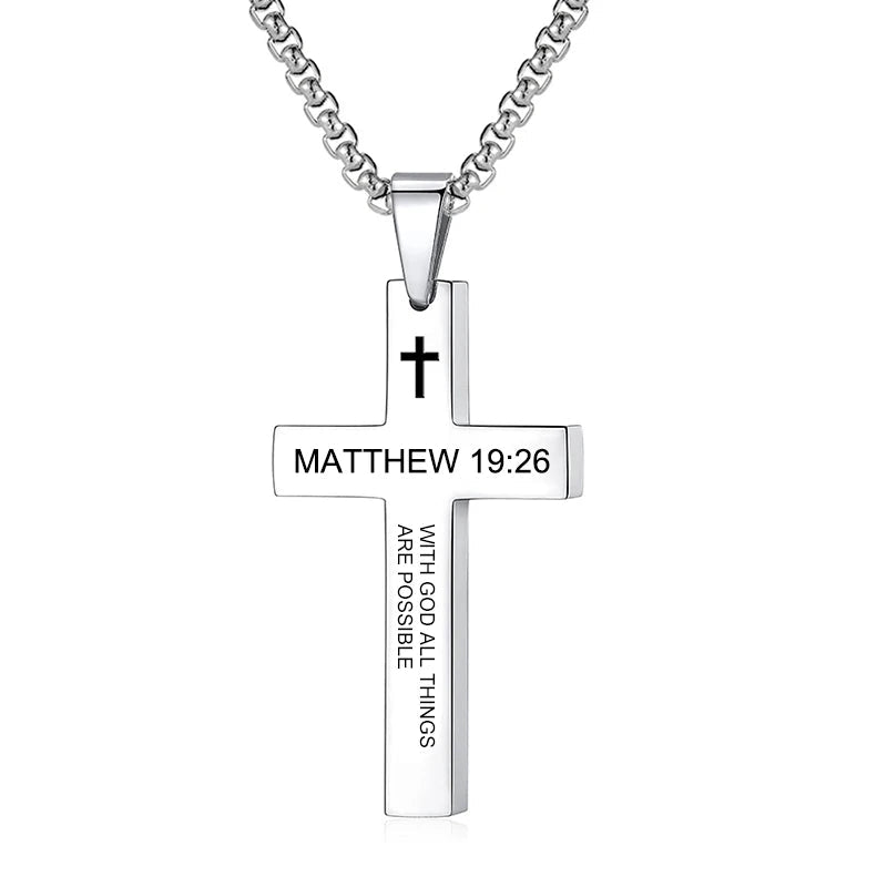 Bible Verse Cross Necklace Matthew 19:26 Men's Necklace Soulful Faith Christian Apparel & Jewelry