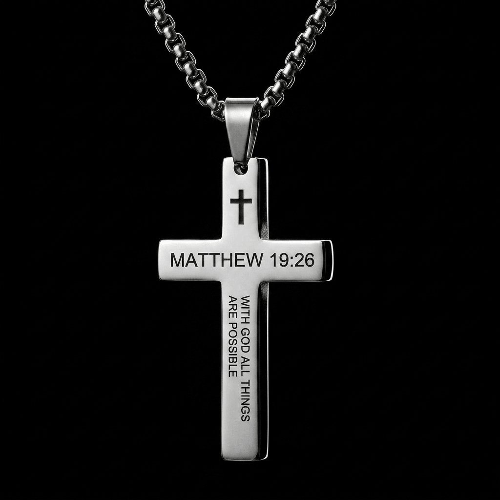 Bible Verse Cross Necklace Matthew 19:26 Men's Necklace Soulful Faith Christian Apparel & Jewelry
