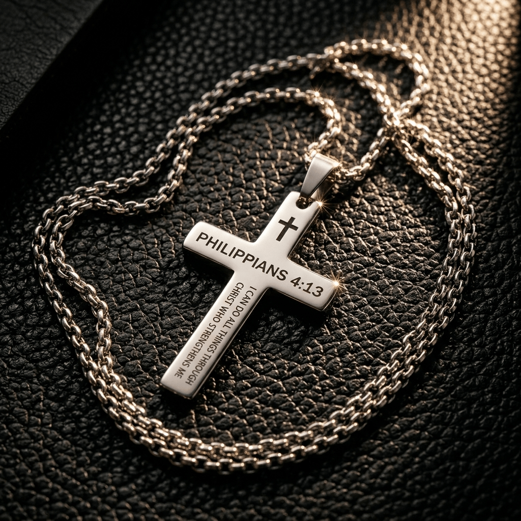 Bible Verse Cross Necklace Philippians 4:13 Men's Necklace Soulful Faith Christian Apparel & Jewelry