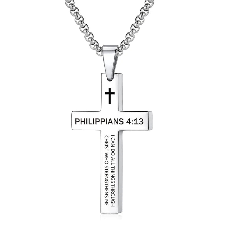 Bible Verse Cross Necklace Philippians 4:13 Men's Necklace Soulful Faith Christian Apparel & Jewelry