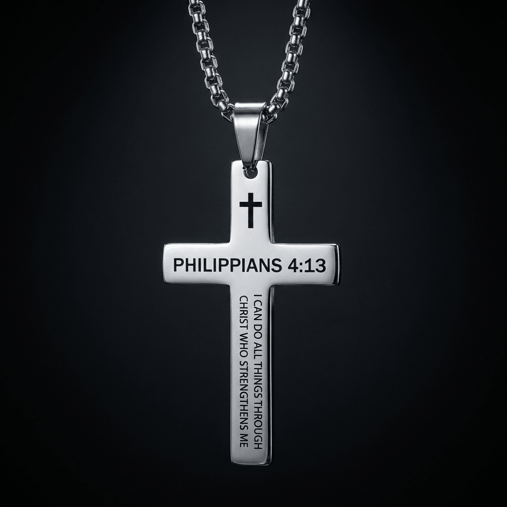 Bible Verse Cross Necklace Philippians 4:13 Men's Necklace Soulful Faith Christian Apparel & Jewelry