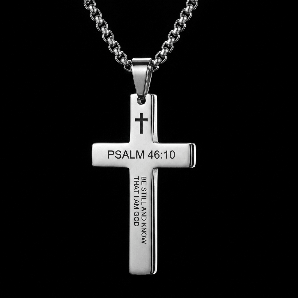 Bible Verse Cross Necklace Psalm 46:10 Men's Necklace Soulful Faith Christian Apparel & Jewelry