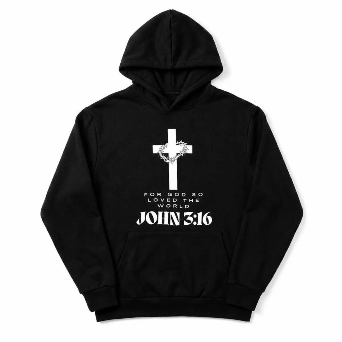 Black hoodie with a white cross and 'John 3:16' text by Soulful Faith on a white background