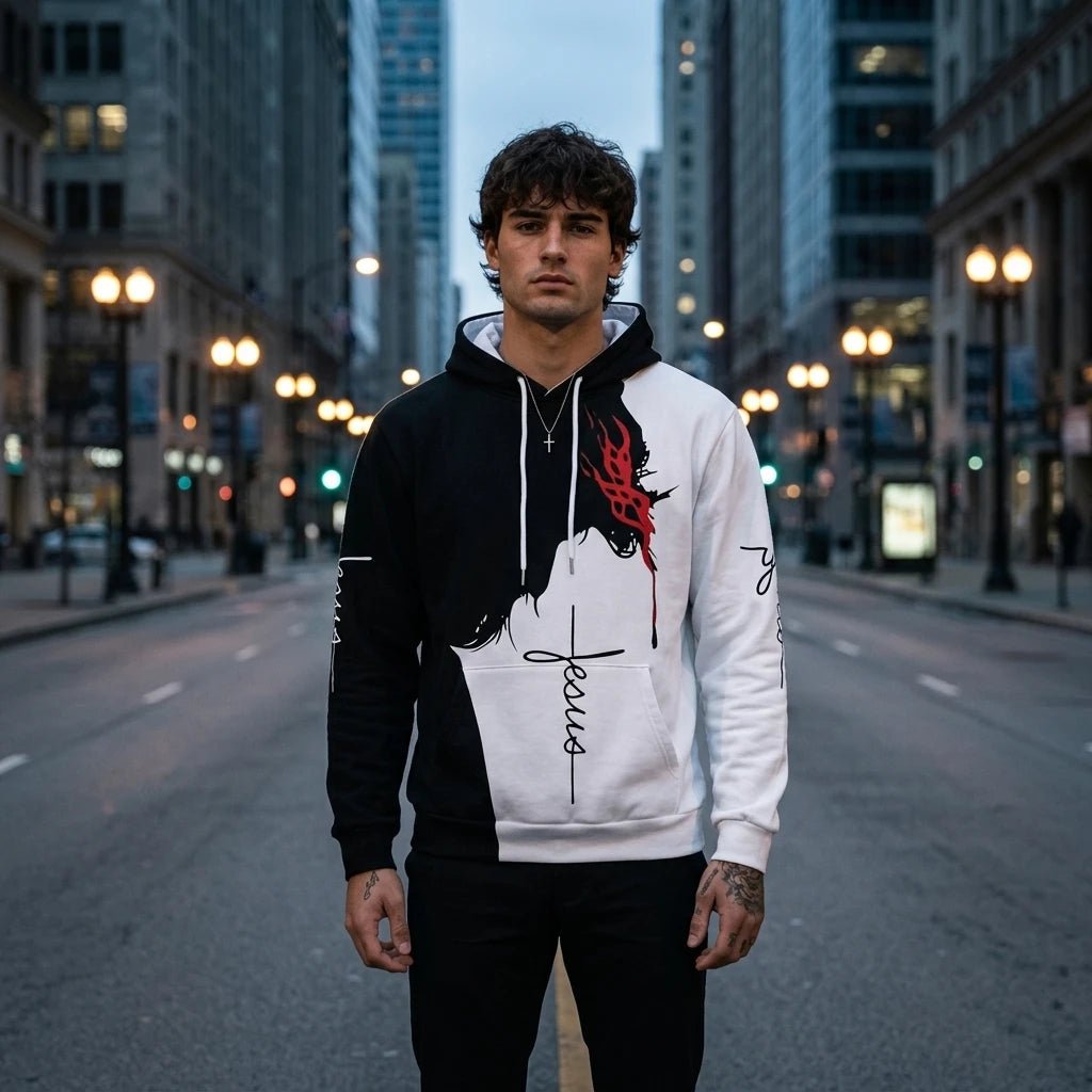 Christ Jesus Graphic Hoodie Black & White Men's Hoodie Soulful Faith Christian Apparel & Jewelry