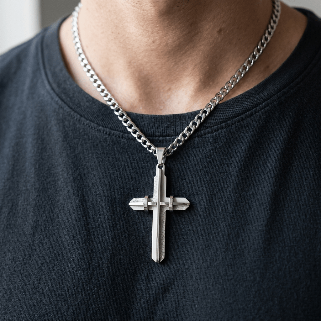 Cuban Link Cross Pendant Necklace Silver Men's Necklace Soulful Faith Christian Apparel & Jewelry