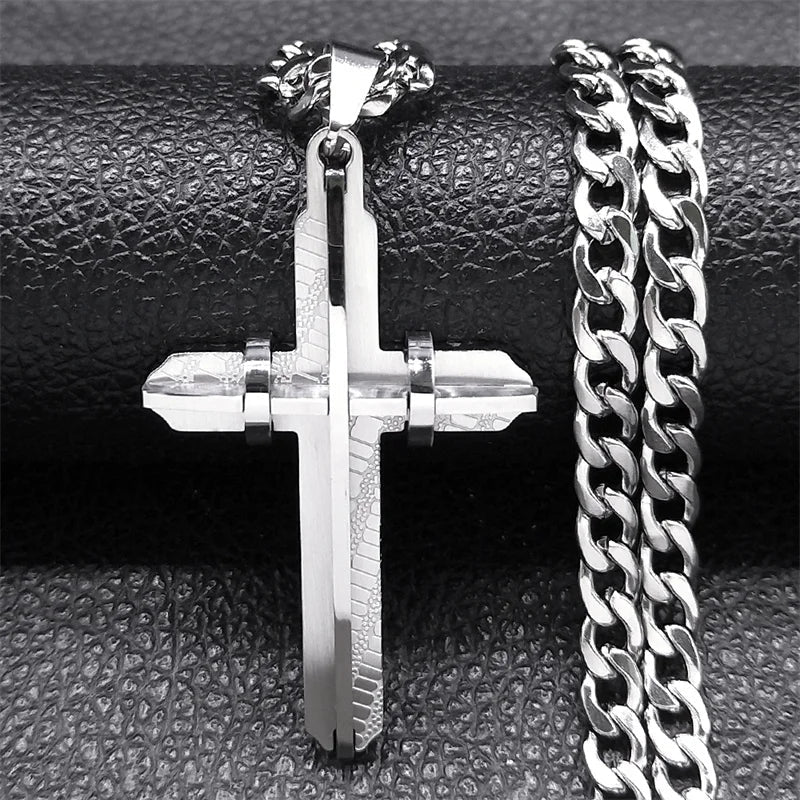 Cuban Link Cross Pendant Necklace Silver Men's Necklace Soulful Faith Christian Apparel & Jewelry