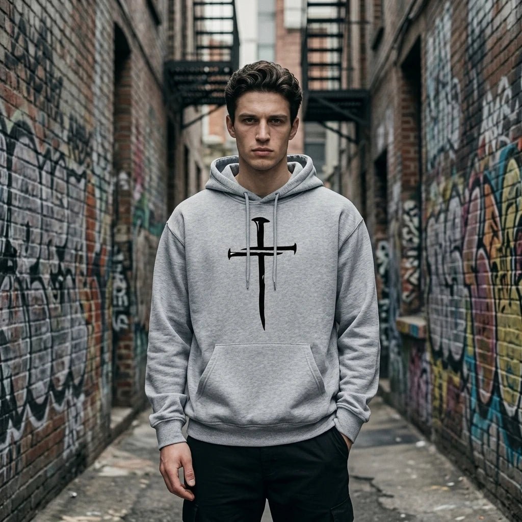 Cross Print Hoodie Gray Men's Hoodie Soulful Faith Christian Apparel & Jewelry