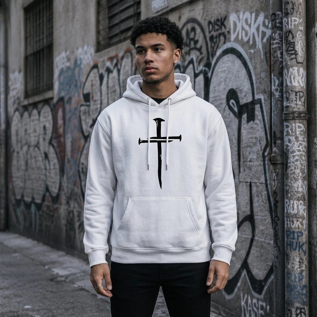 Cross Print Hoodie White Men's Hoodie Soulful Faith Christian Apparel & Jewelry