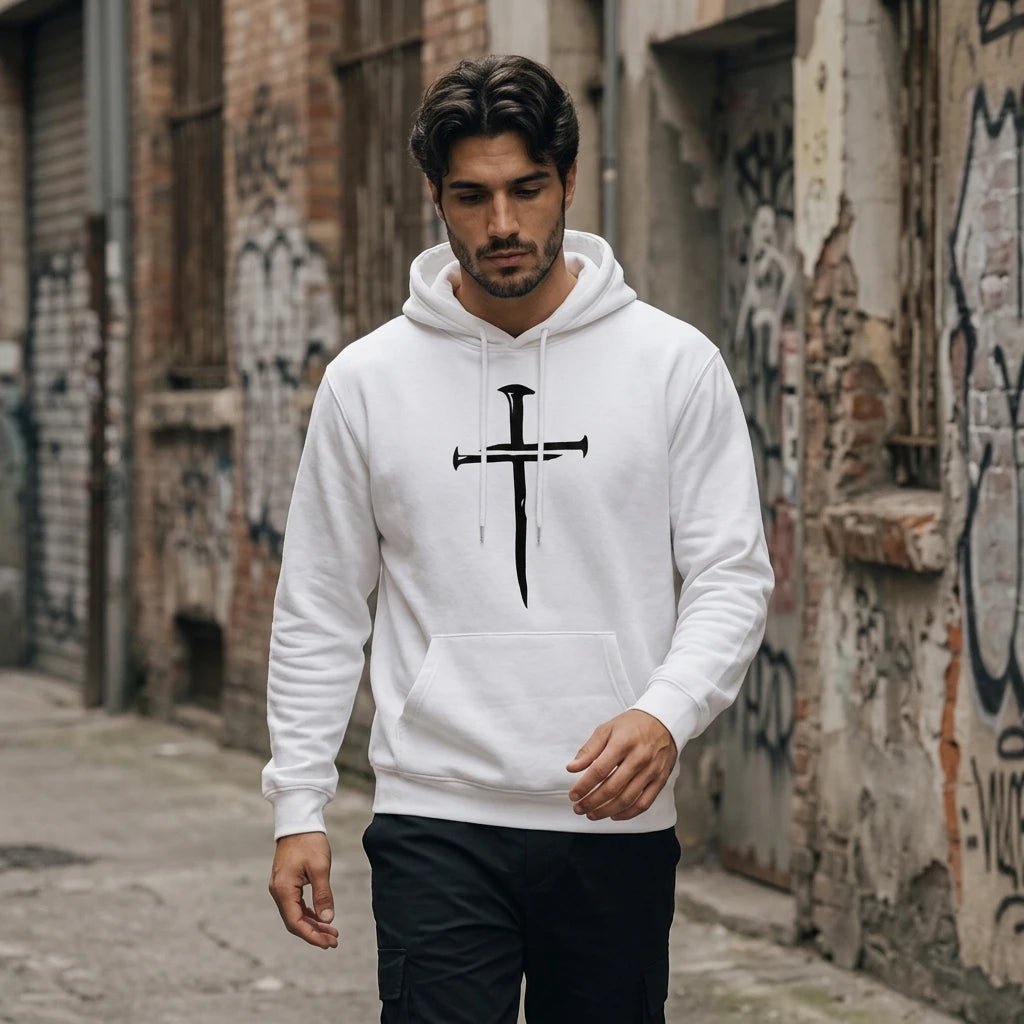 Cross Print Hoodie White Men's Hoodie Soulful Faith Christian Apparel & Jewelry