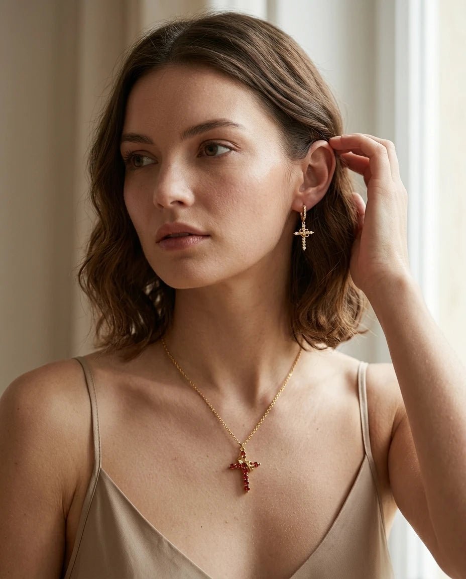 Crown of Thorns Cross Necklace Gold & CZ Earrings Women's Necklace Soulful Faith Christian Apparel & Jewelry