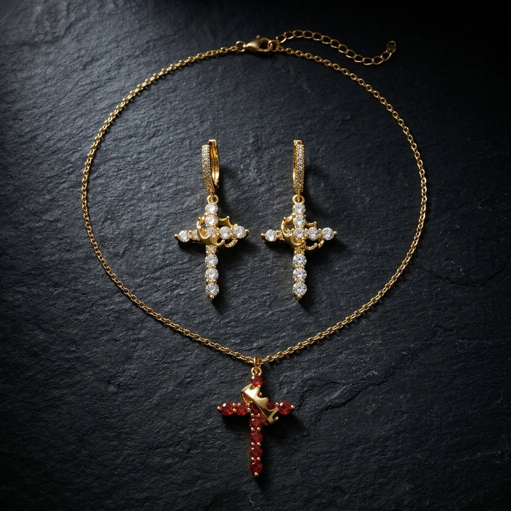 Crown of Thorns Cross Necklace Gold & CZ Earrings Women's Necklace Soulful Faith Christian Apparel & Jewelry