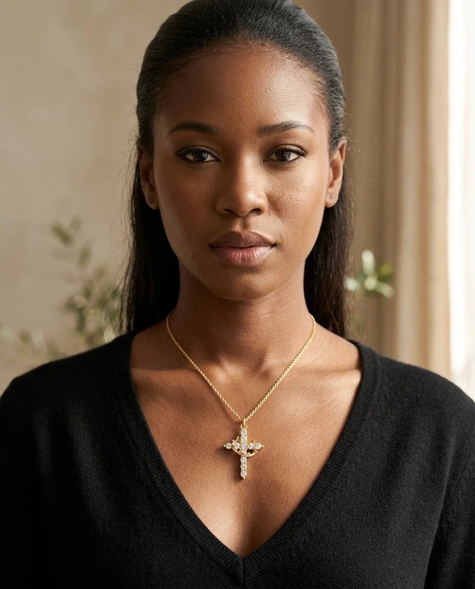 Crown of Thorns Cross Necklace Gold & CZ Earrings Women's Necklace Soulful Faith Christian Apparel & Jewelry
