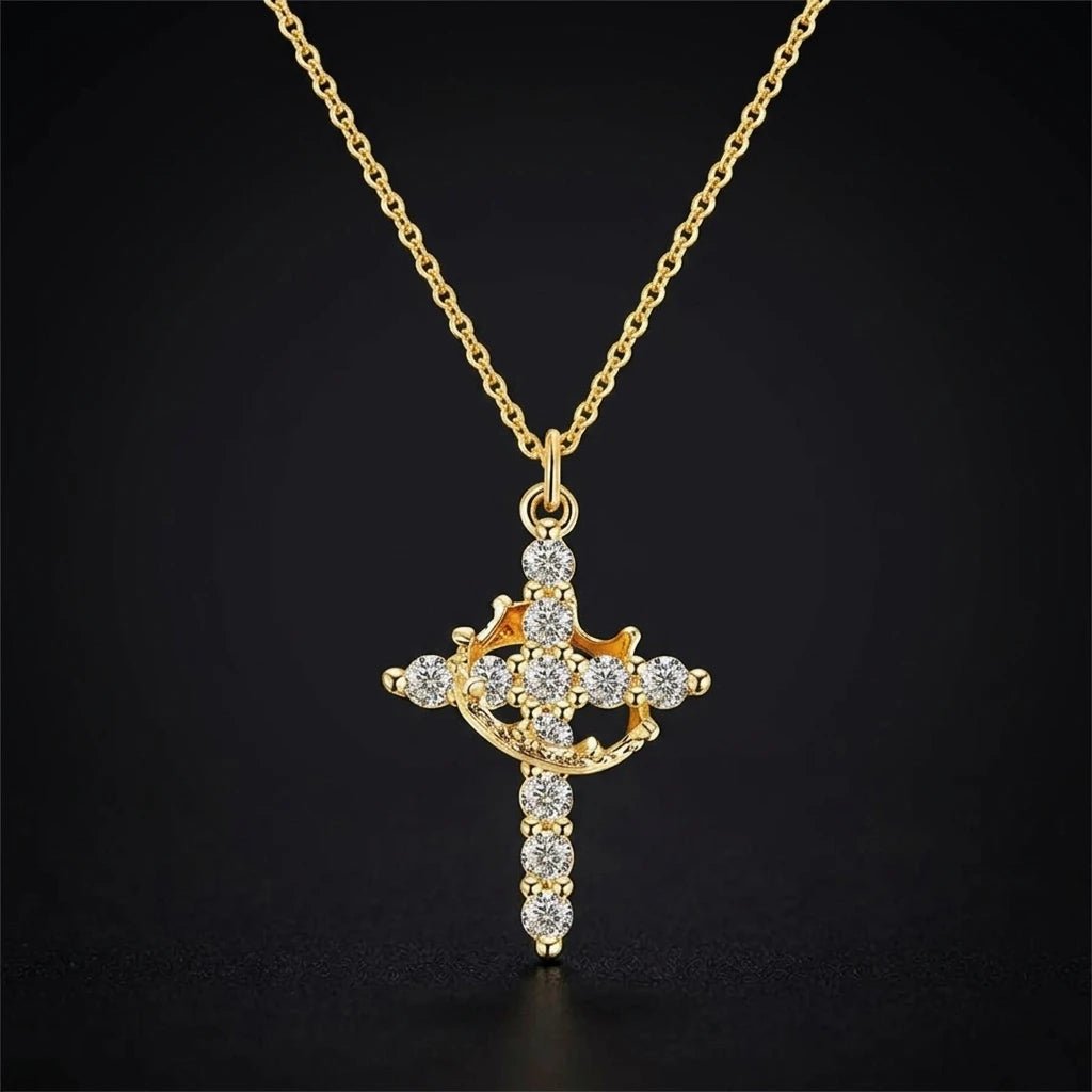 Crown of Thorns Cross Necklace Gold & CZ Women's Necklace Soulful Faith Christian Apparel & Jewelry
