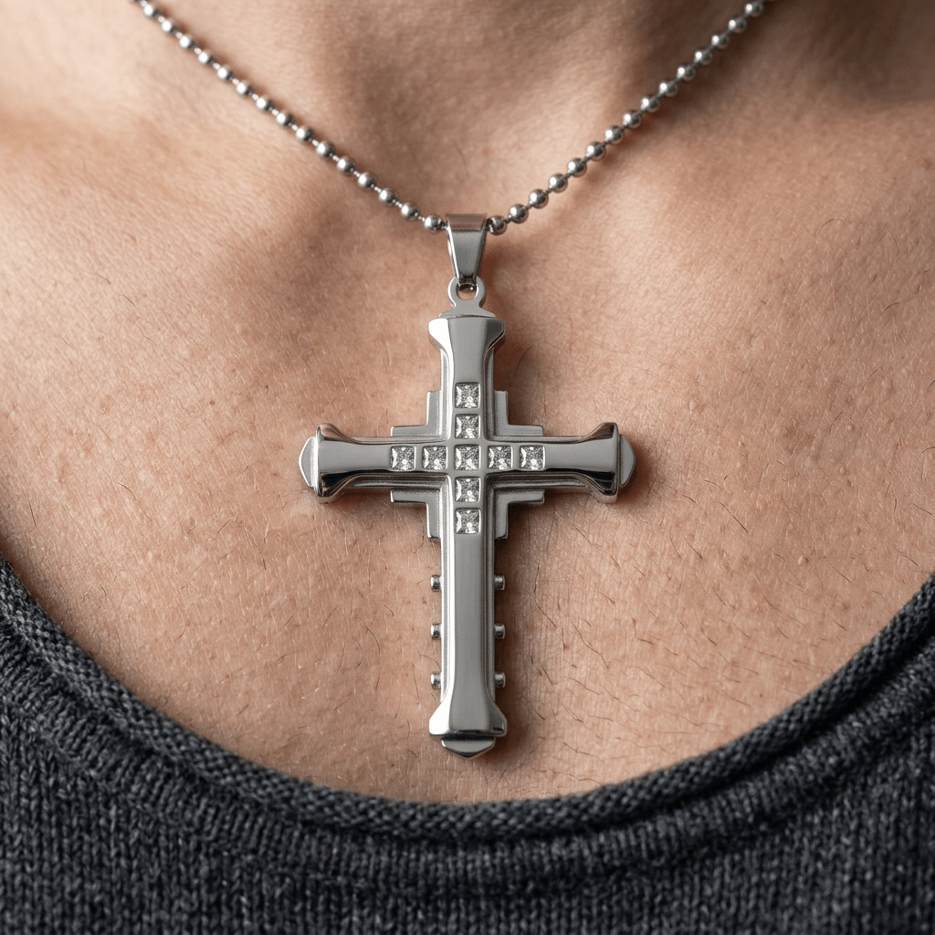 Crystal Cross Pendant Necklace Silver Men's Necklace Soulful Faith Christian Apparel & Jewelry