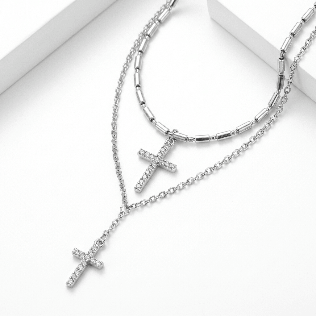 Double Layered Cross Necklace Silver Women's Necklace Soulful Faith Christian Apparel & Jewelry