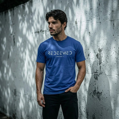Ephesians 1:7 Redeemed Tee Blue Men's T-Shirt Soulful Faith Christian Apparel & Jewelry
