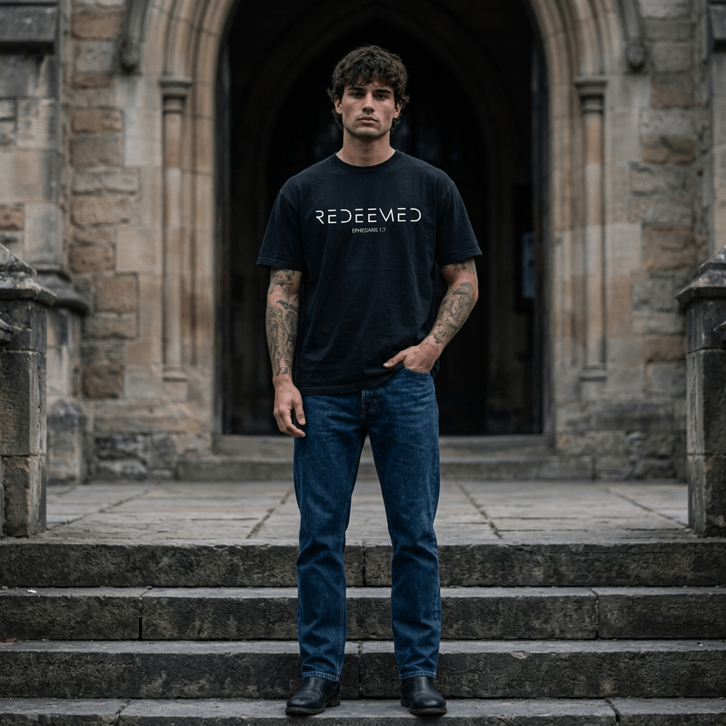 Ephesians 1:7 Redeemed Tee Blue Men's T-Shirt Soulful Faith Christian Apparel & Jewelry
