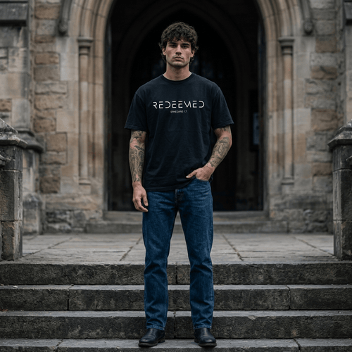Ephesians 1:7 Redeemed Tee Blue Men's T-Shirt Soulful Faith Christian Apparel & Jewelry
