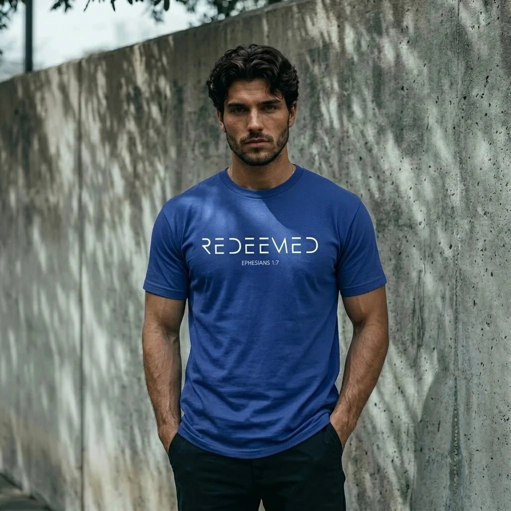 Ephesians 1:7 Redeemed Tee Blue Men's T-Shirt Soulful Faith Christian Apparel & Jewelry