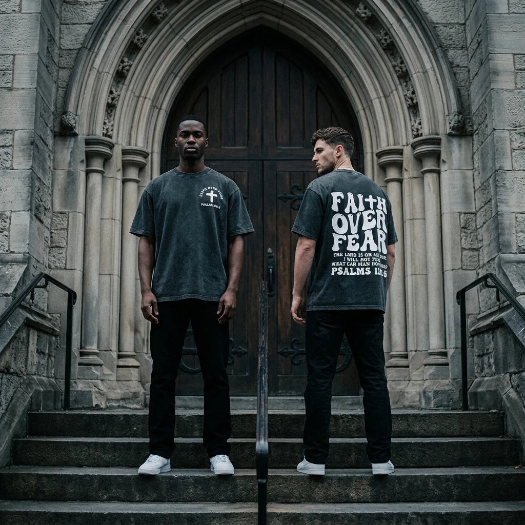 Faith Over Fear Washed Tee Gold Script Men's T-Shirt Soulful Faith Christian Apparel & Jewelry
