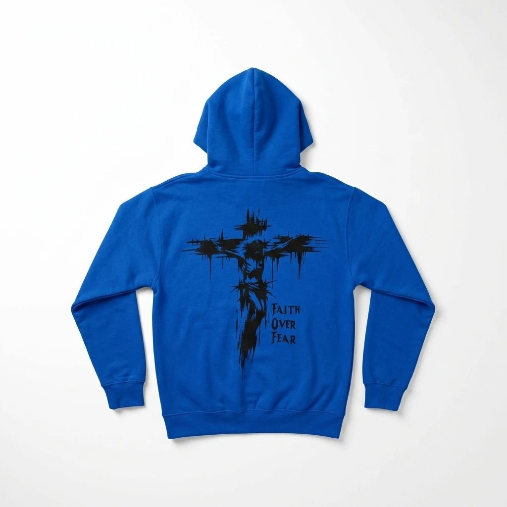 Faith Overcomes Fear Hoodie Blue Men's Hoodie Soulful Faith Christian Apparel & Jewelry