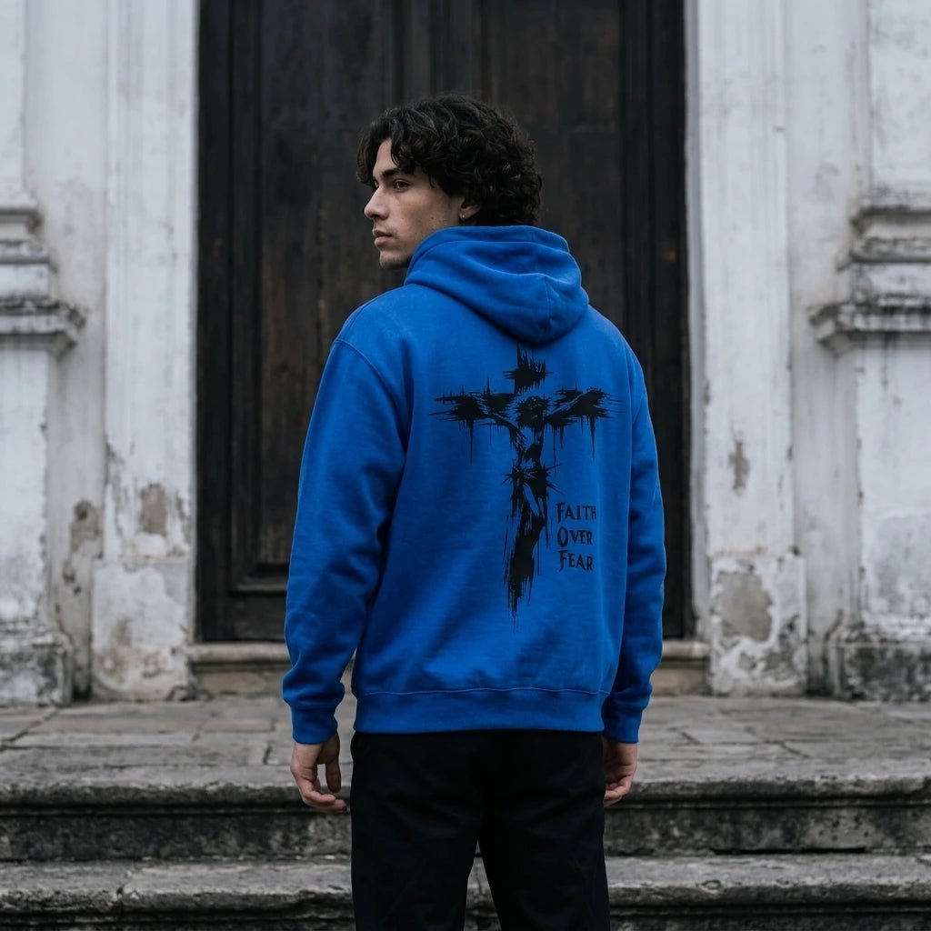 Faith Overcomes Fear Hoodie Blue Men's Hoodie Soulful Faith Christian Apparel & Jewelry