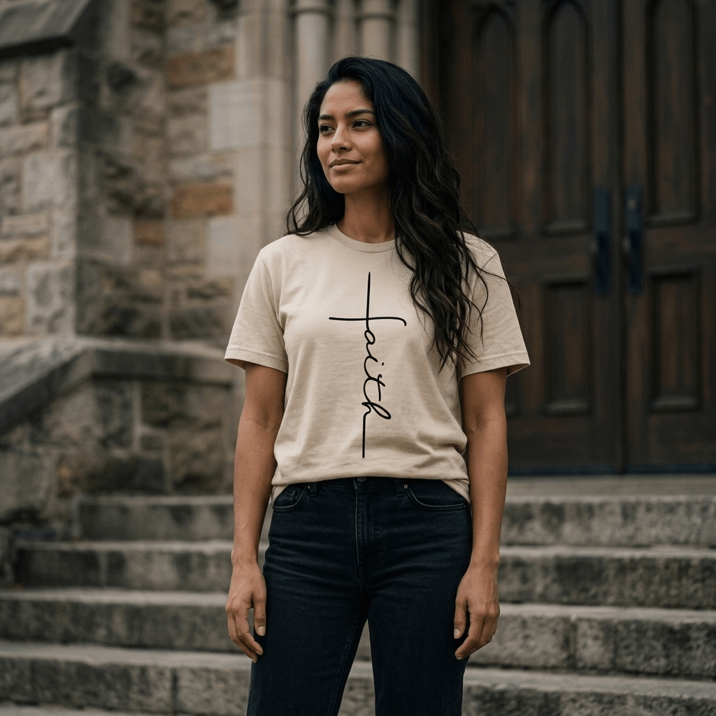 Faith Script Tee Beige Women's T-Shirt Soulful Faith Christian Apparel & Jewelry