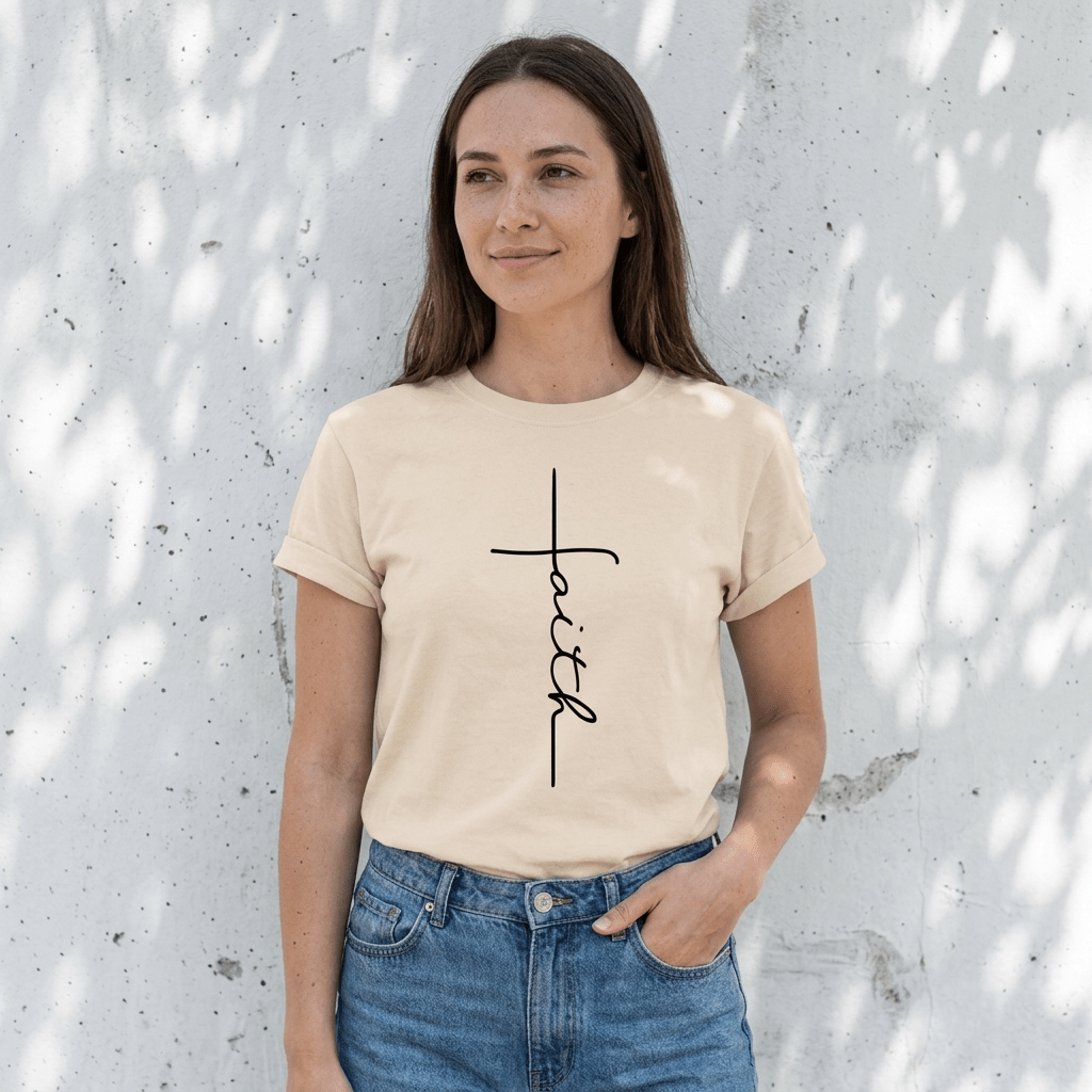 Faith Script Tee Beige Women's T-Shirt Soulful Faith Christian Apparel & Jewelry