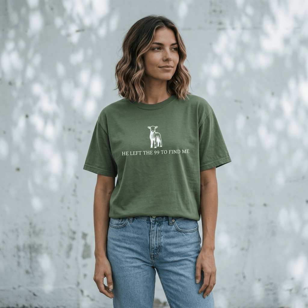 He Left the 99 Graphic Tee Khaki Women's T-Shirt Soulful Faith Christian Apparel & Jewelry