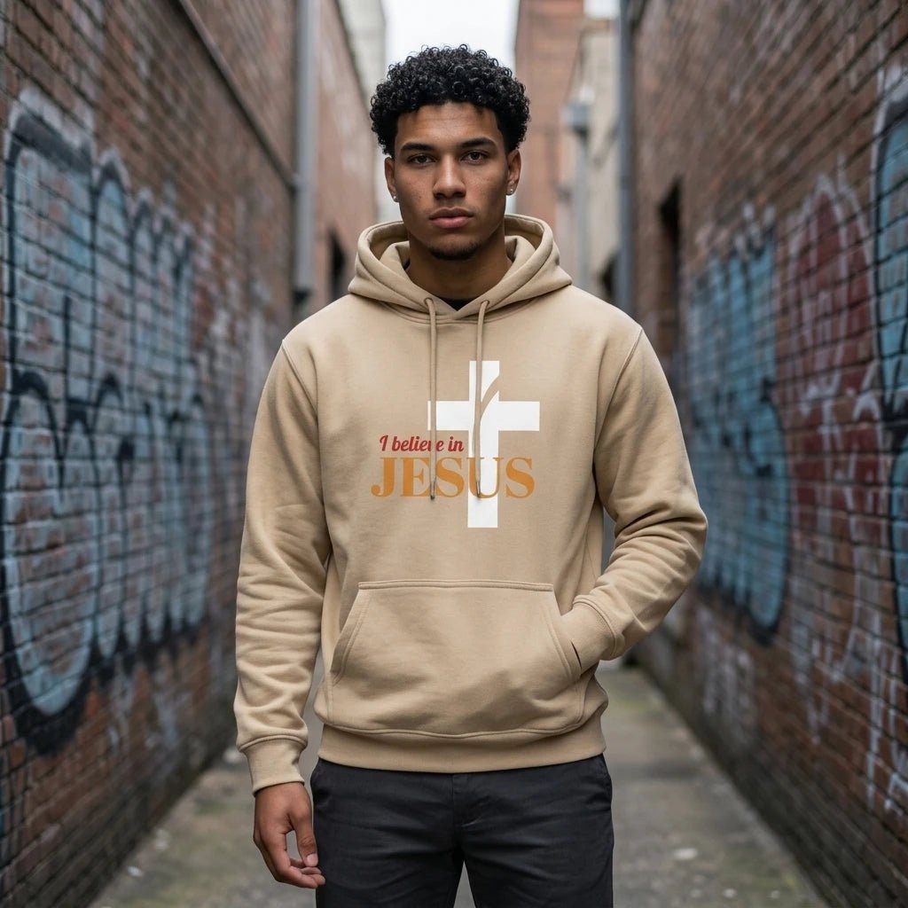 I Believe in Jesus Hoodie Beige Men's Hoodie Soulful Faith Christian Apparel & Jewelry