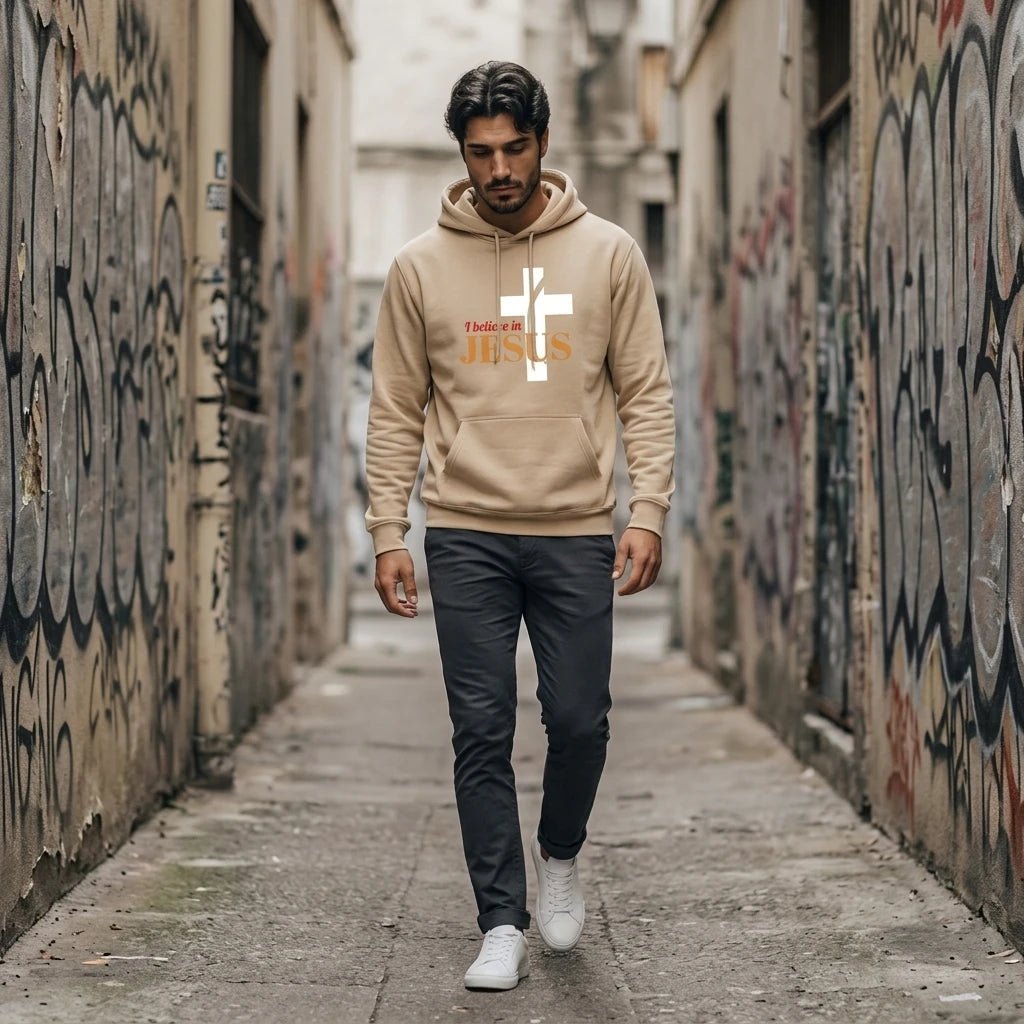 I Believe in Jesus Hoodie Beige Men's Hoodie Soulful Faith Christian Apparel & Jewelry