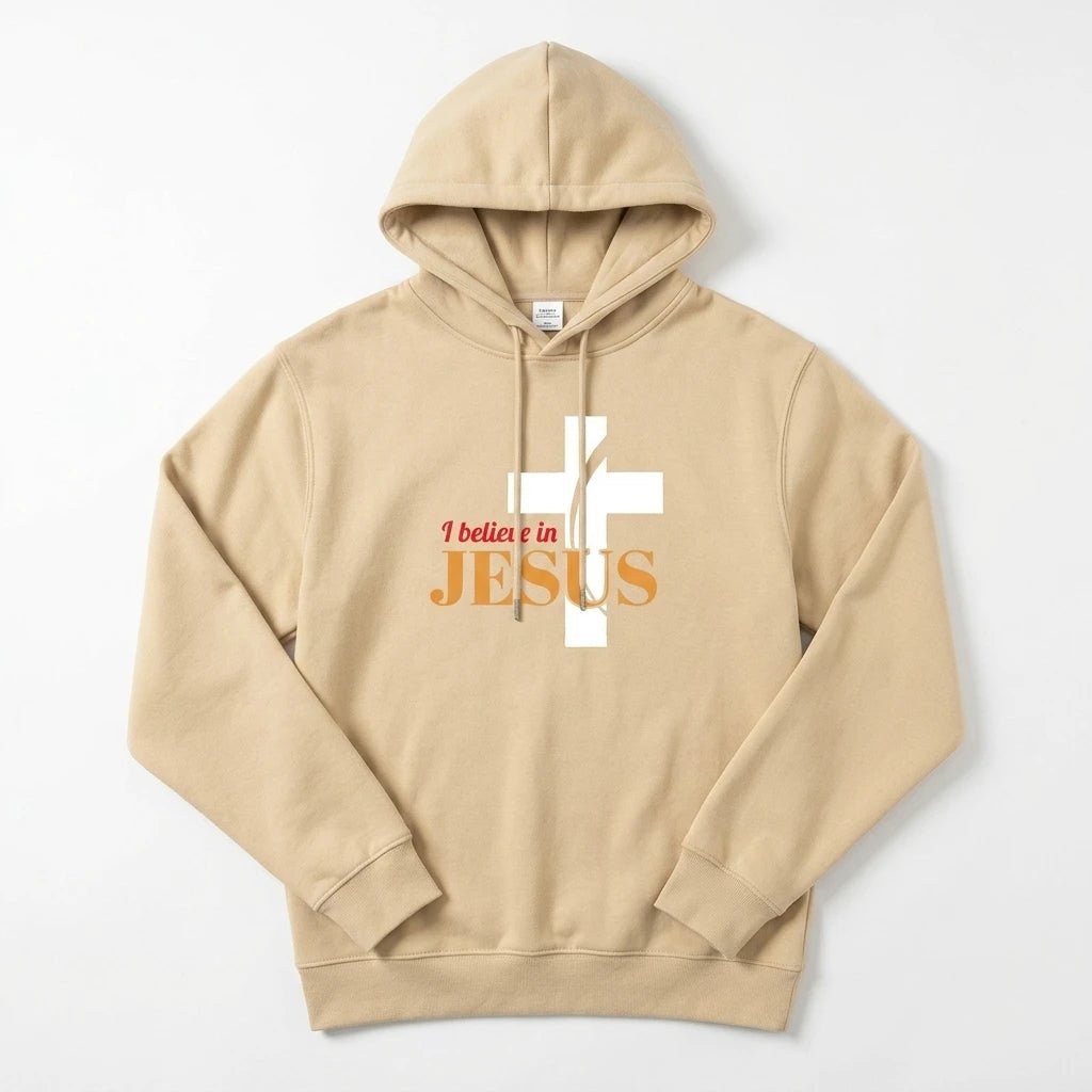I Believe in Jesus Hoodie Beige Men's Hoodie Soulful Faith Christian Apparel & Jewelry