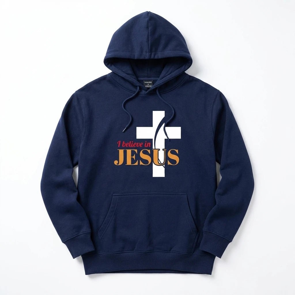 I Believe in Jesus Hoodie Navy Men's Hoodie Soulful Faith Christian Apparel & Jewelry