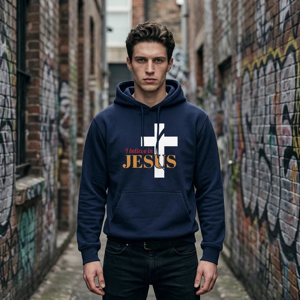 I Believe in Jesus Hoodie Navy Men's Hoodie Soulful Faith Christian Apparel & Jewelry