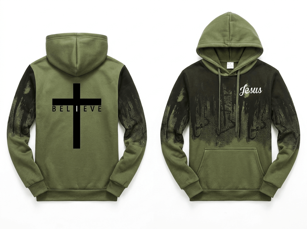 I Believe Jesus Hoodie Army Green Men's Hoodie Soulful Faith Christian Apparel & Jewelry