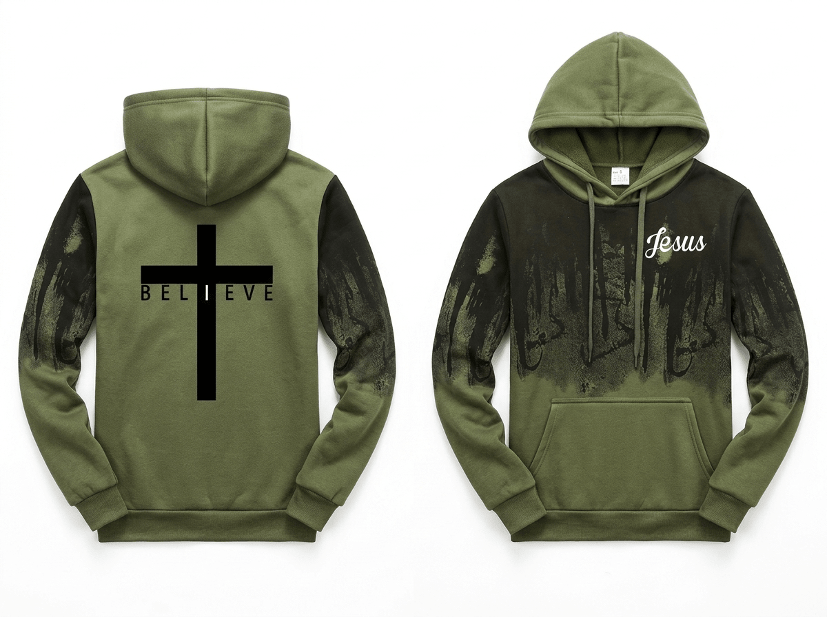 I Believe Jesus Hoodie Army Green Men's Hoodie Soulful Faith Christian Apparel & Jewelry