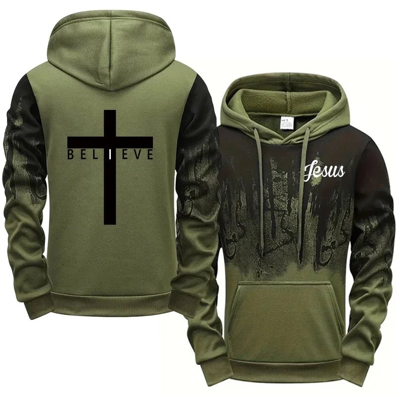 I Believe Jesus Hoodie Army Green Men's Hoodie Soulful Faith Christian Apparel & Jewelry