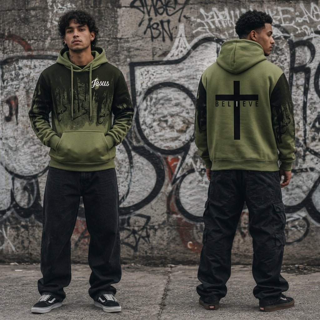I Believe Jesus Hoodie Army Green Men's Hoodie Soulful Faith Christian Apparel & Jewelry