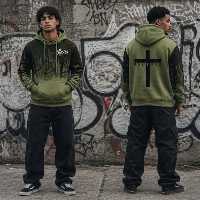 I Believe Jesus Hoodie Army Green Men's Hoodie Soulful Faith Christian Apparel & Jewelry