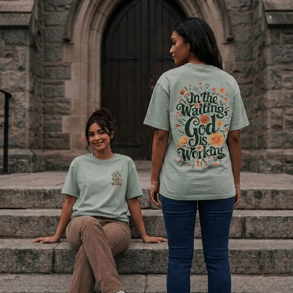 In the Waiting Tee Orchid Women's T-Shirt Soulful Faith Christian Apparel & Jewelry