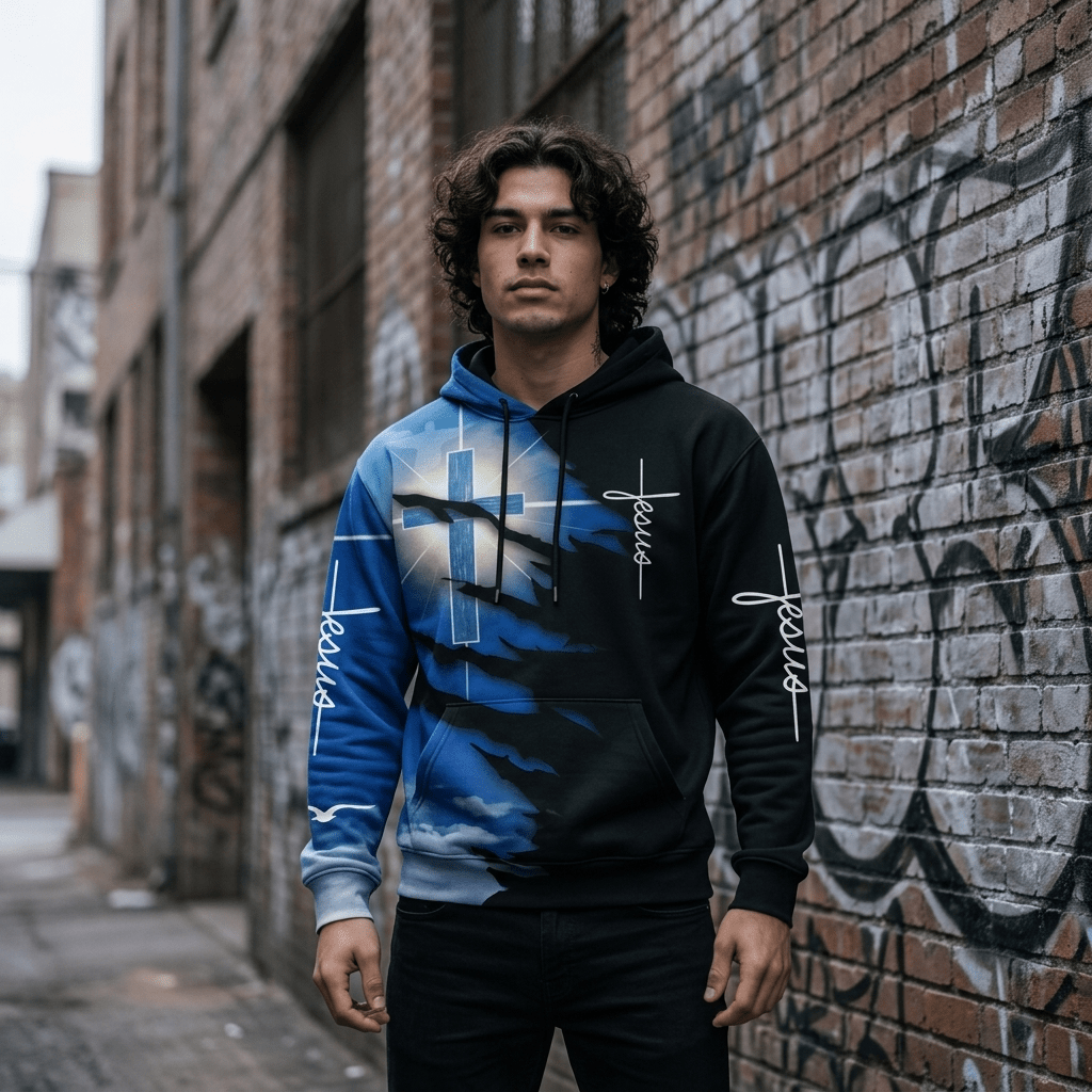 Jesus Cross Harajuku Hoodie Blue & Black Men's Hoodie Soulful Faith Christian Apparel & Jewelry