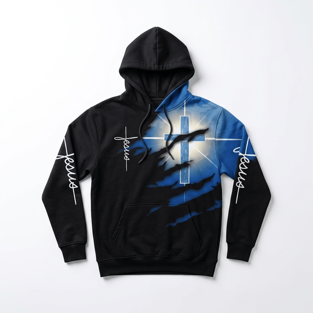 Jesus Cross Harajuku Hoodie Blue & Black Men's Hoodie Soulful Faith Christian Apparel & Jewelry