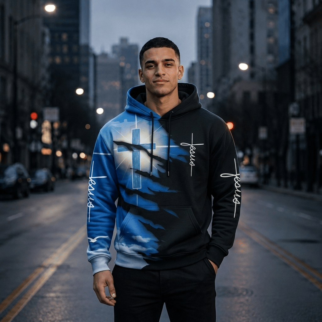 Jesus Cross Harajuku Hoodie Blue & Black Men's Hoodie Soulful Faith Christian Apparel & Jewelry