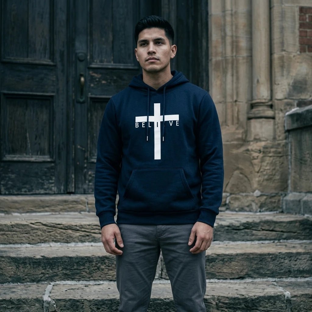 Jesus Cross Hoodie Navy Men's Hoodie Soulful Faith Christian Apparel & Jewelry