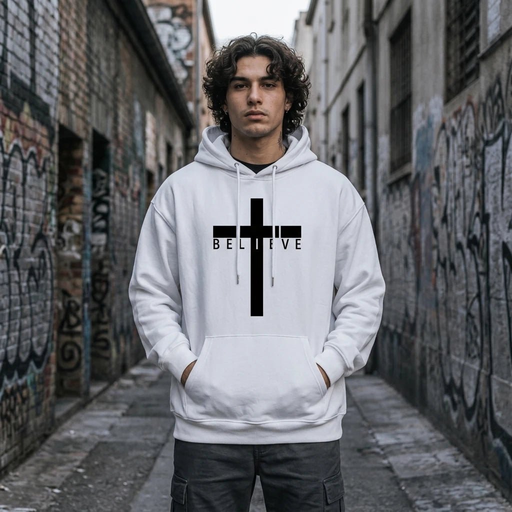 Jesus Cross Hoodie White Men's Hoodie Soulful Faith Christian Apparel & Jewelry