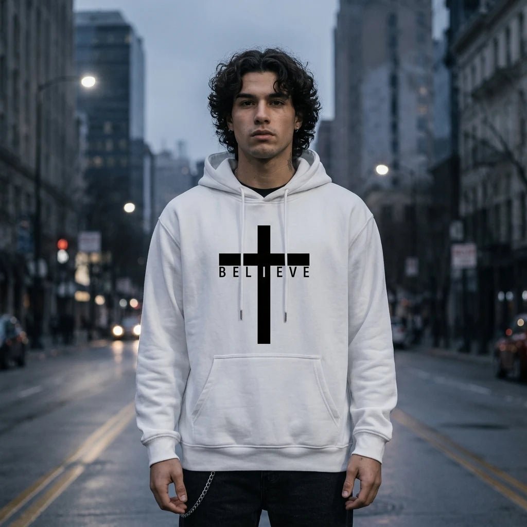 Jesus Cross Hoodie White Men's Hoodie Soulful Faith Christian Apparel & Jewelry