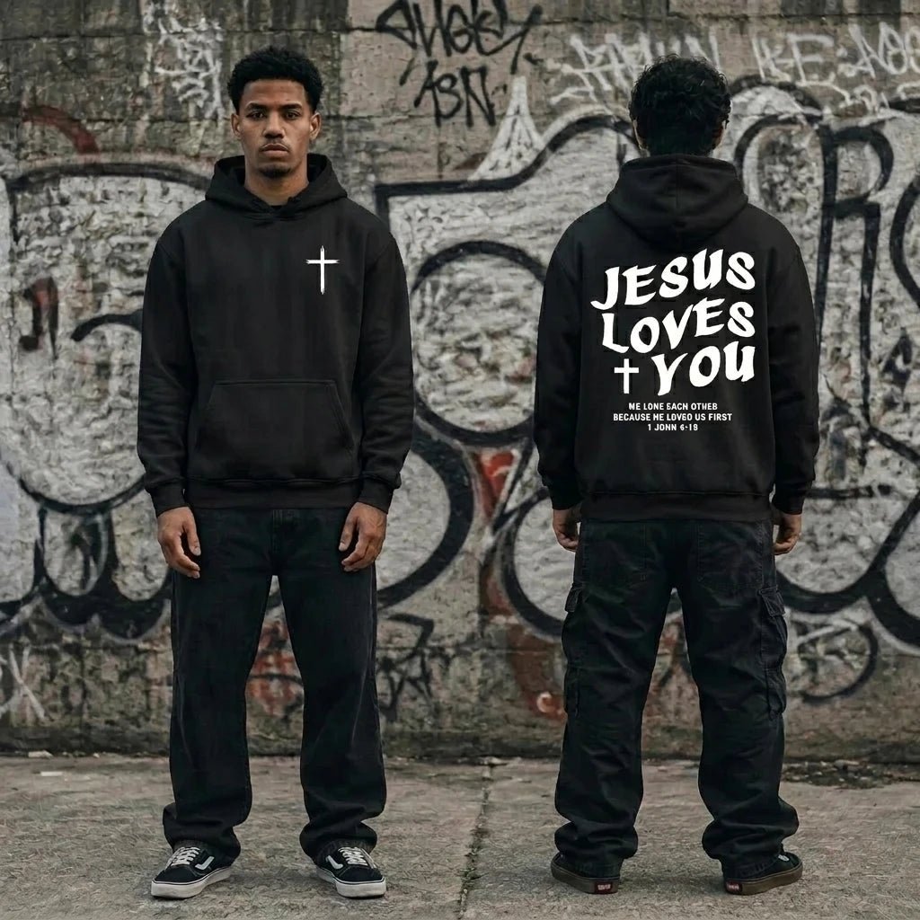 Jesus Loves You Hoodie Black Men's Hoodie Soulful Faith Christian Apparel & Jewelry
