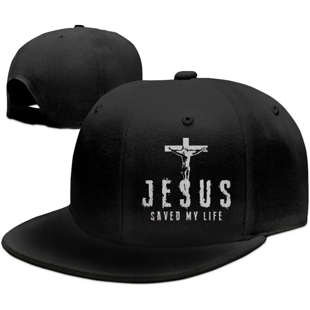 Jesus Saved My Life Flat Bill Cap Black Baseball Cap Soulful Faith Christian Apparel & Jewelry
