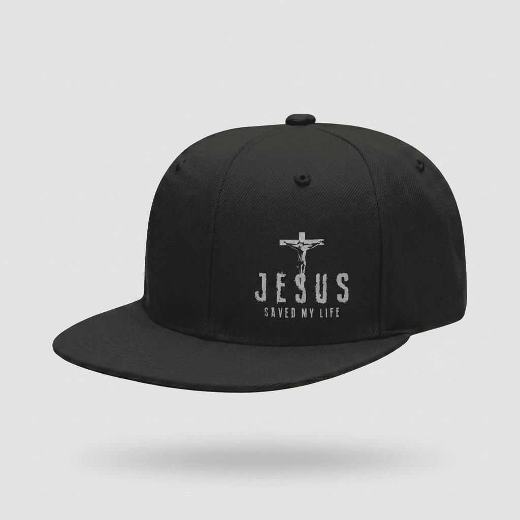 Jesus Saved My Life Flat Bill Cap White Baseball Cap Soulful Faith Christian Apparel & Jewelry