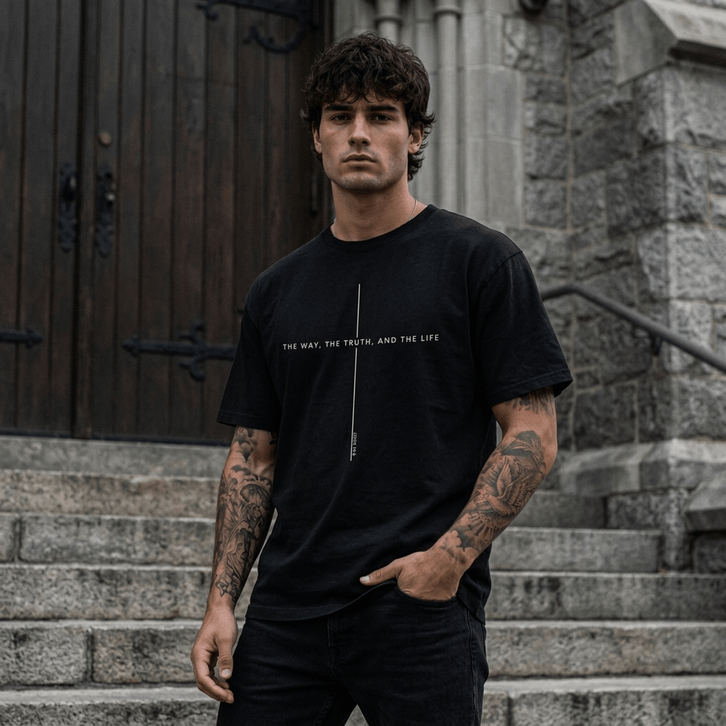 John 14:6 Cross Tee Pink Men's T-Shirt Soulful Faith Christian Apparel & Jewelry
